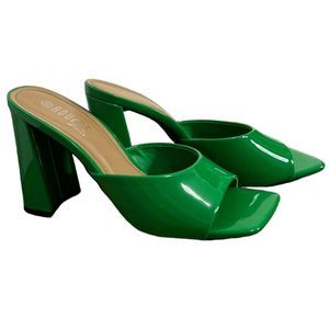 Rouge Helium Green Patent Leather Retro Open Square Toe Heels Size 8.5
